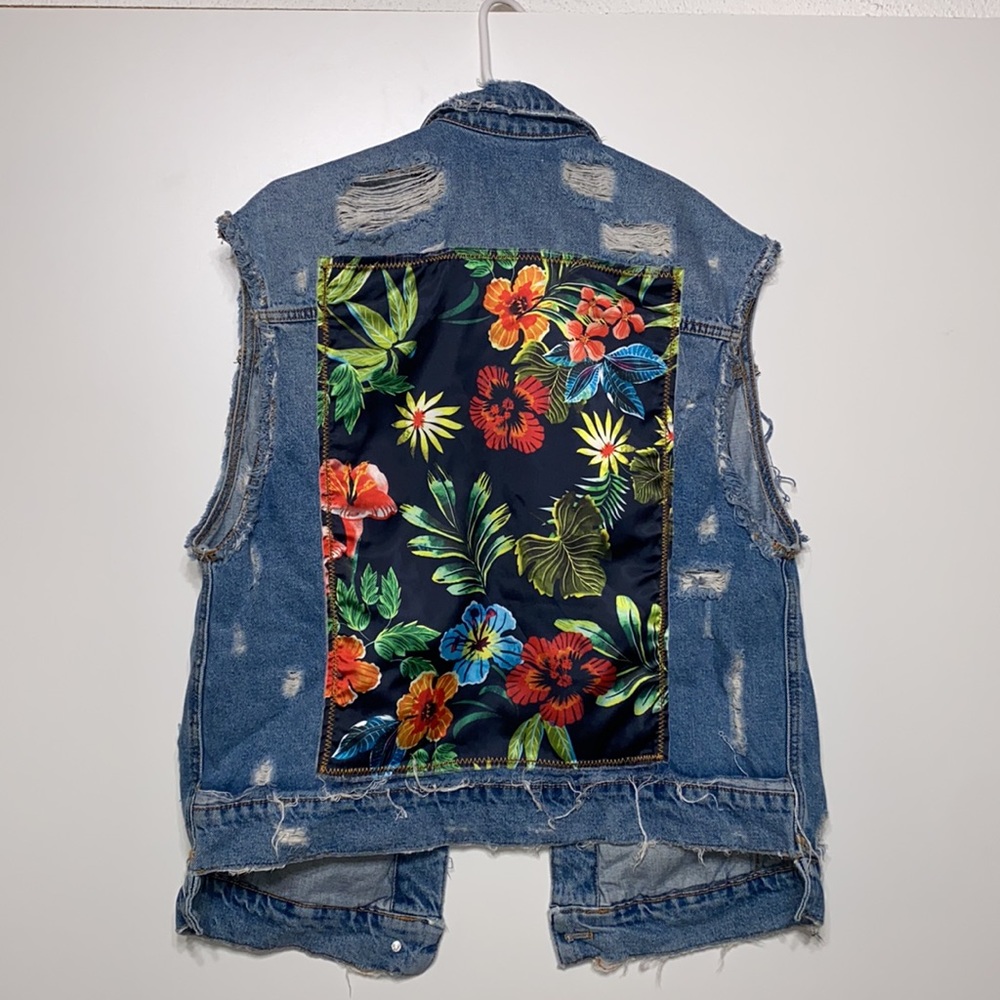 Oversized Distressed Denim Vest with Floral Back